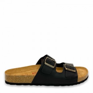 Black Men's Rockfish Hoby Leather Two-strap Cork Sandal Double Strap Sandals | EQQ308FI