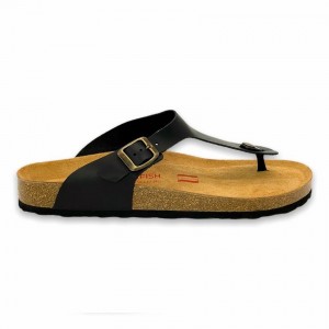 Black Men's Rockfish Lochlan Leather Thong Cork Flatform Flip Flop Sandals | XJB754EO