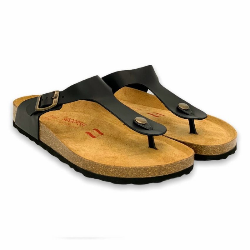 Black Men's Rockfish Lochlan Leather Thong Cork Flatform Flip Flop Sandals | XJB754EO