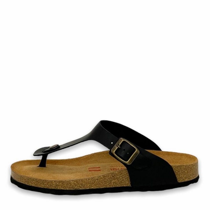 Black Men's Rockfish Lochlan Leather Thong Cork Flatform Flip Flop Sandals | XJB754EO