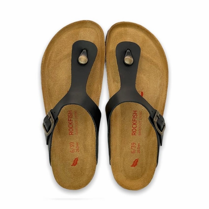 Black Men's Rockfish Lochlan Leather Thong Cork Flatform Flip Flop Sandals | XJB754EO