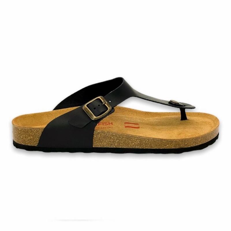 Black Men\'s Rockfish Lochlan Leather Thong Cork Flatform Flip Flop Sandals | XJB754EO