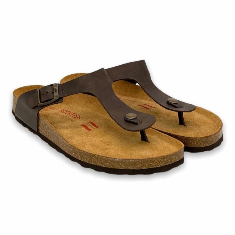 Dark Brown Men's Rockfish Lochlan Leather Thong Cork Flatform Flip Flop Sandals | TRT3360IN