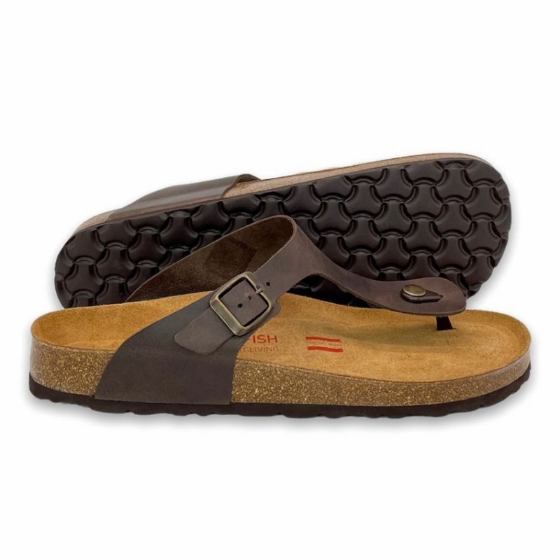 Dark Brown Men's Rockfish Lochlan Leather Thong Cork Flatform Flip Flop Sandals | TRT3360IN