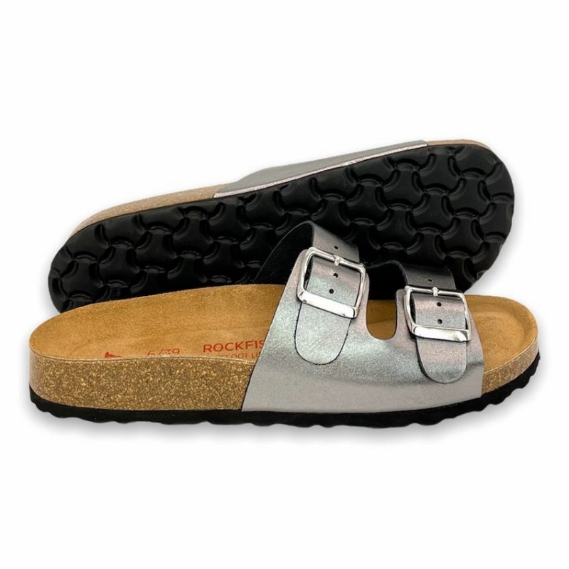 Grey Silver Women's Rockfish Kendall Two-Strap Double Strap Sandals | DIZ8527VS